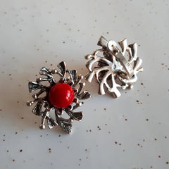 Vintage- Inspired Sterling Silver Red Coral Dangle Flower Earrings for Women