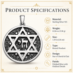 Sterling Silver Magen David Pendant with Hebrew Chai Sign Round Medallion