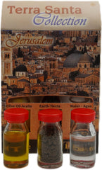 Christian Jerusalem Themed Gift Set w/ 3 Bottles - Olive Oil, Holy Water & Holy Soil 10ml/ 0.3 oz
