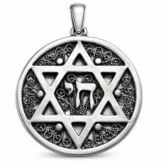 Sterling Silver Magen David Pendant with Hebrew Chai Sign Round Medallion