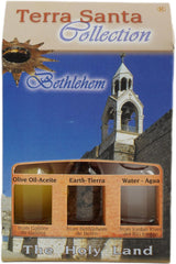 Christian Bethlehem Themed Christian Gift Set w/ 3 Bottles - Olive Oil, Holy Water & Holy Soil 10ml/ 0.3 oz