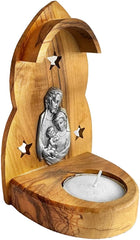 Olive wood nativity tealight holder with Holy Family relief