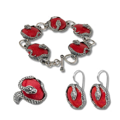 925 Sterling Silver Red Coral Snake Jewelry 3 Pieace Set – Bracelet, Earrings & Ring