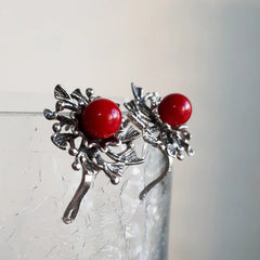 Vintage- Inspired Sterling Silver Red Coral Dangle Flower Earrings for Women