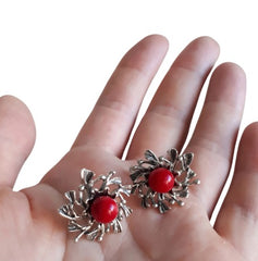 Vintage- Inspired Sterling Silver Red Coral Dangle Flower Earrings for Women