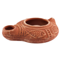 Small Biblical Oil Lamp Replica Herodian Terracotta Clay w/ Fish 4x3"