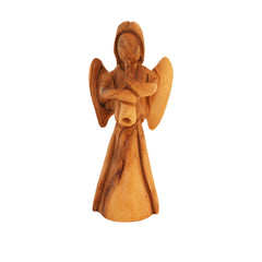 Olive Wood Angel Trumpet Statue - Hand Carved Holy Land Decor