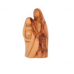 Minimalist olive wood holy family nativity figurine from Bethlehem showing natural wood grain swirls.