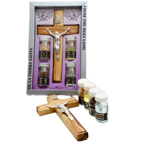 Handmade Olive Wood Crucifix Cross Christian Gift Set 5 pcs Holy Land 8" 20cm