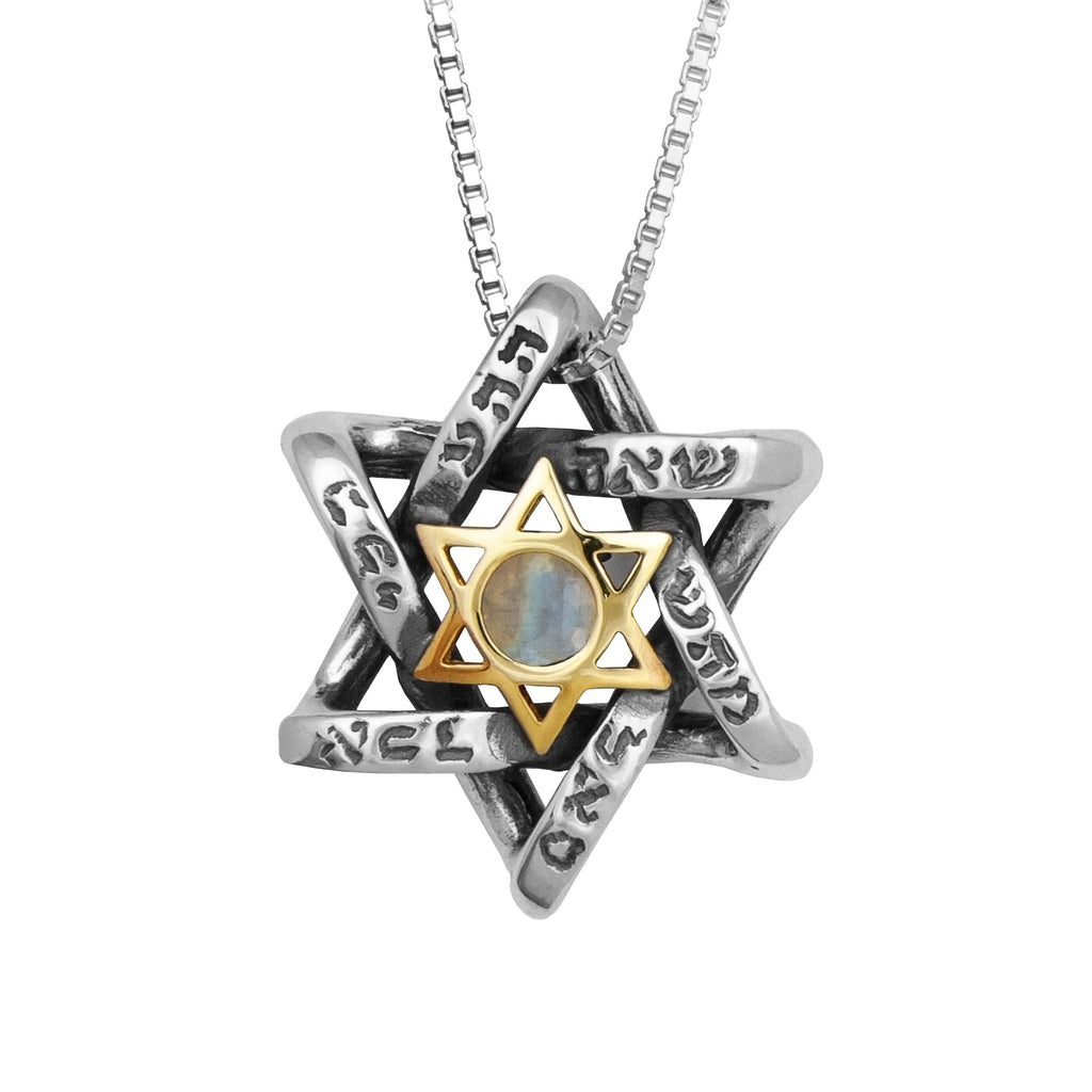 Pendant Star of David w/ Labradorite Gemstone Gold 9K Sterling Silver Necklace