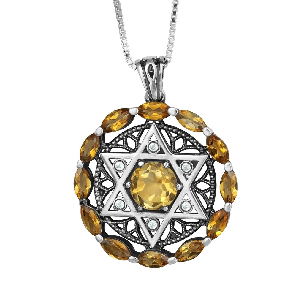 Kabbalah Pendant Star of David Citrine Gemstones w/Crystals CZ Sterling Silver