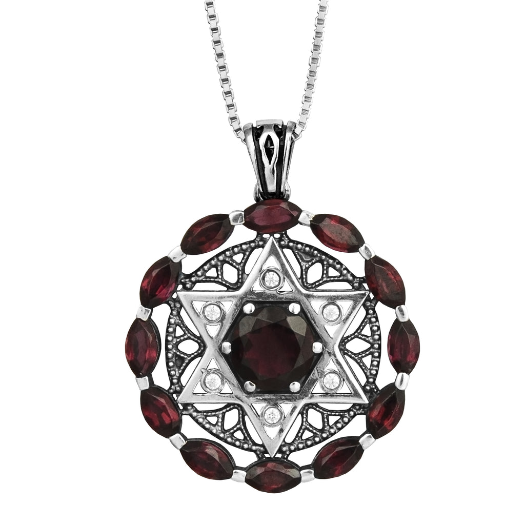Kabbalah Pendant Star of David Garnet Gemstones w/Crystals CZ Sterling Silver