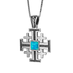 Pectoral Jerusalem Cross w/ Blue Opal Gemstone Sterling Silver Pendant Jewelry