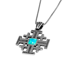 Pectoral Jerusalem Cross w/ Blue Opal Gemstone Sterling Silver Pendant Jewelry