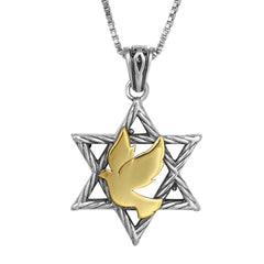 Pendant Magen Star of David w/ Dove of Peace Gold 9K Sterling Silver Necklace