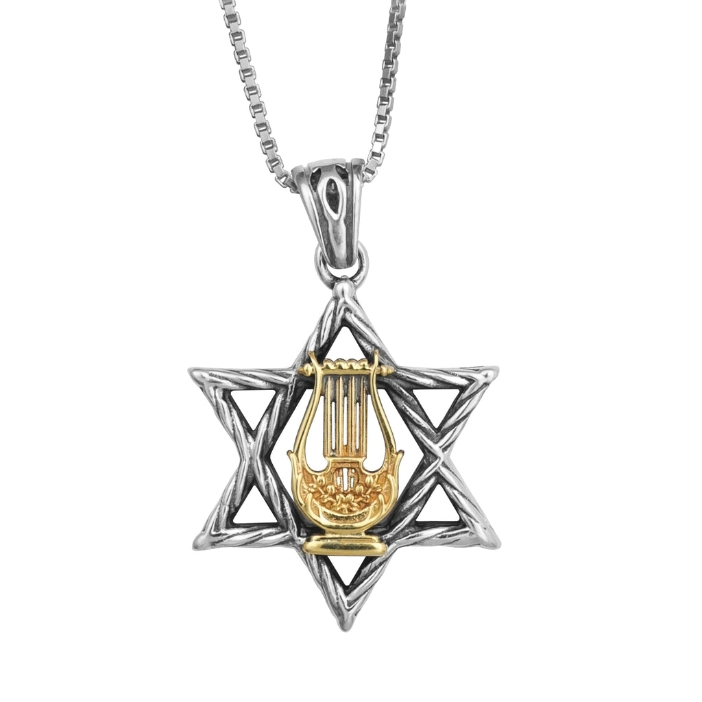 Pendant Star of David w/ Kinnor David's Harp Sterling Silver & Gold 9K Necklace