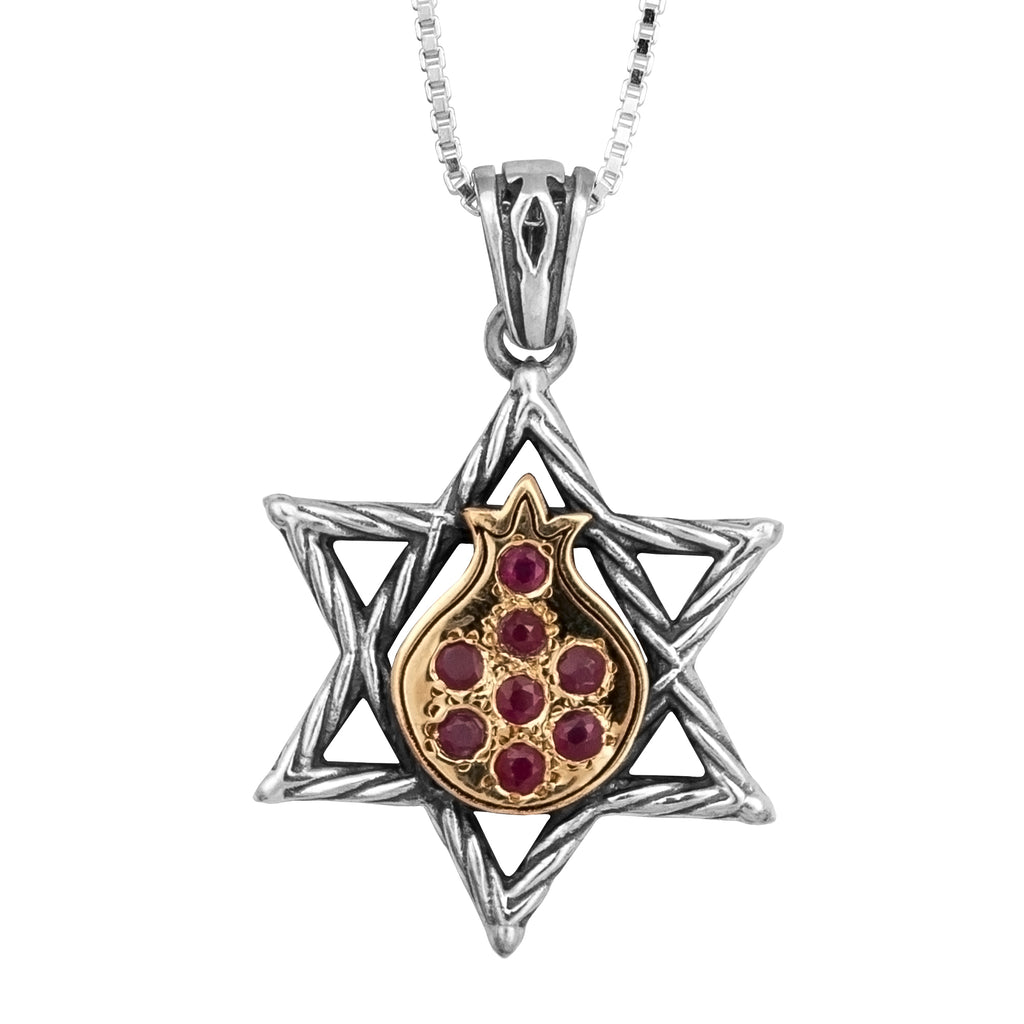 Pendant Amulet Kabbalah w/ Pomegranate Garnet Gemstones Sterling Silver Gold 9K