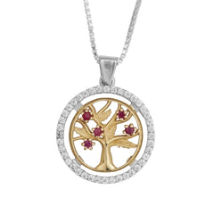 Pendant Tree of Life w/Precious Rubies precious & Crystal CZ Silver 925 Gold 9K