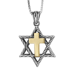 Messianic Pendant Star of David w/ Cross Gold 9K Sterling Silver Necklace 1"