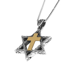 Messianic Pendant Star of David w/ Cross Gold 9K Sterling Silver Necklace 1