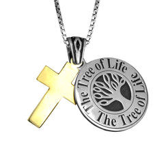 Pendant Tree of Life w/Gold 9K Cross Sterling Silver Necklace Amulet Kabbalah