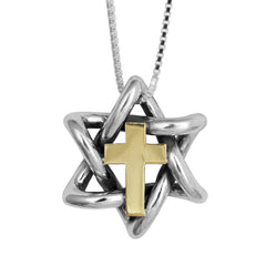 Messianic Pendant Star of David w/ Cross Gold 9K Sterling Silver Necklace 0,95"