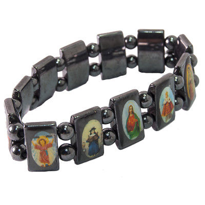 Stretch Elastic Bracelet Hematite With Images of Saints from Holy Land Jerusalem