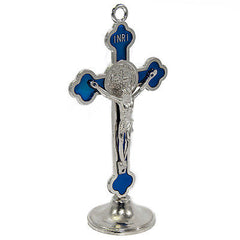 St.Benedict Medal Standing Blue Enamel Metal Crucifix Cross INRI Jerusalem 5 ''