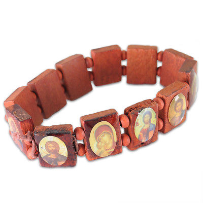 Wood Stretch Elastic Bracelet Religious Souvenir with Icons of the Saints - Holy Land Store