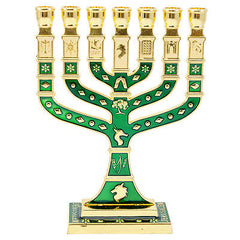 Menorah Seven-branched Candle Holder Jerusalem Green Enamel Israel Judaica 4.7"