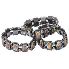 Set 12 pcs Orthodox Religious Black Hematite Bracelet With Christian Icons