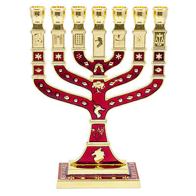 Menorah Seven-branched Candle Holder Jerusalem Red Enamel Israel Judaica 4.7"