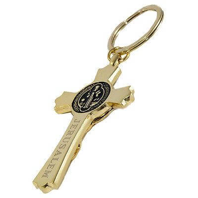 Gold-Plated Key Chain Ring Cross Crucifixion w/ St Benedict Medal  Gift 4.3"
