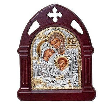 Biblical Icon the Holy Famile Sterling Silver Carved frame 6 x 4.5 " - Holy Land Store