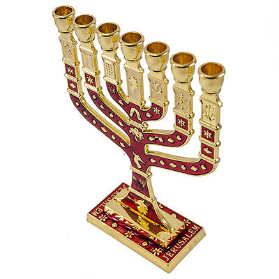 Menorah Seven-branched Candle Holder Jerusalem Red Enamel Israel Judaica 4.7"