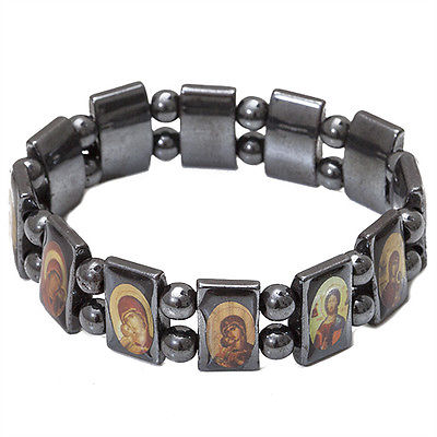 Set of 3 pcs  Religious Stretch Elastic Hematite Bracelet With Christian Icons Holy Land - Holy Land Store