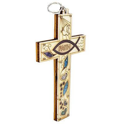 Handmade Cross with Semi-Precious Stones from Jerusalem FAITH & FISH  7.1 inch