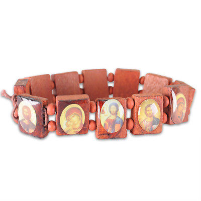 Wood Stretch Elastic Bracelet Religious Souvenir with Icons of the Saints - Holy Land Store