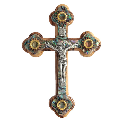 Wall Cross Natural Olive Wood Crucifix w/ Mother of Pearl & Holy Soil from Jerusalem 5,2"