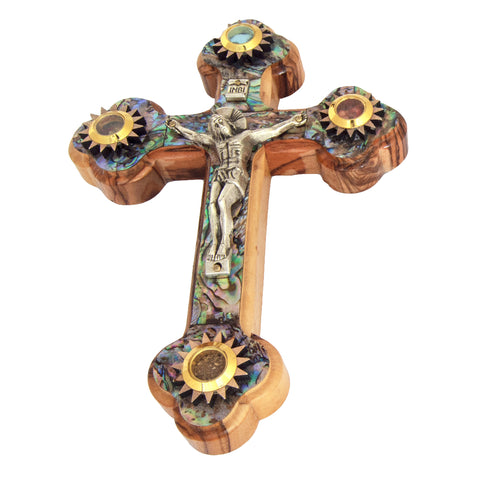 Wall Cross Natural Olive Wood Crucifix w/ Mother of Pearl & Holy Soil from Jerusalem 5,2"