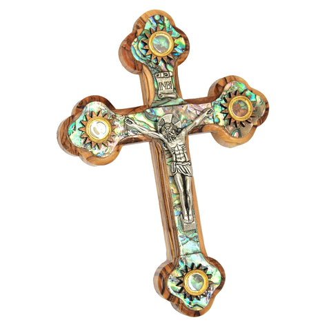 Wall Cross from Olive Wood Crucifix w/ Mother of Pearl & Holy Soil from Jerusalem 7"