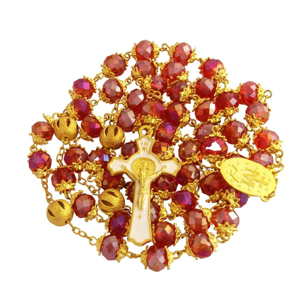 Catholic Rosary Beads Red Crystal Medal Crucifix Prayer Necklace Jerusalem 20,5"