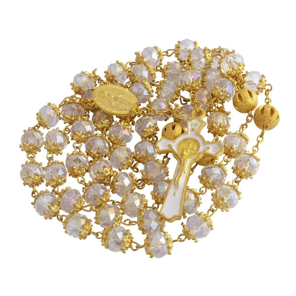 Catholic Rosary Beads White Crystal Medal Crucifix Necklace Jerusalem 20,5"