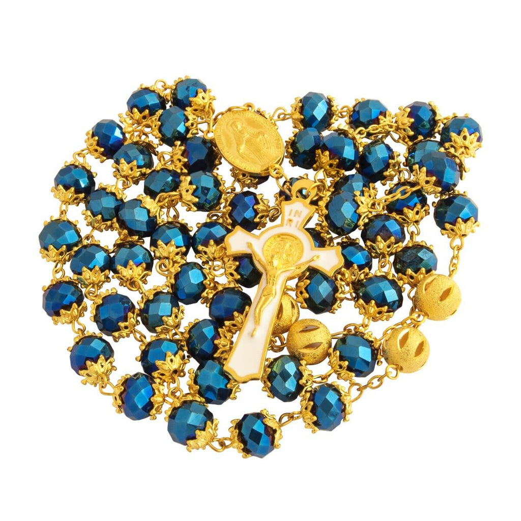 Catholic Rosary Beads Navy Blue Crystal Medal Crucifix Necklace Jerusalem 20,5"