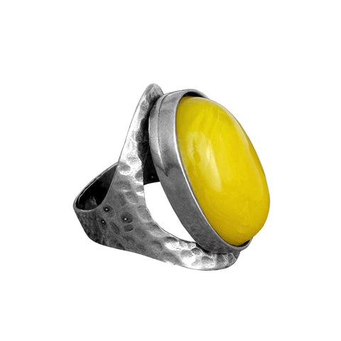 Huge Chinese Yellow Amber Sterling Silver Ring Handmade From Israel
