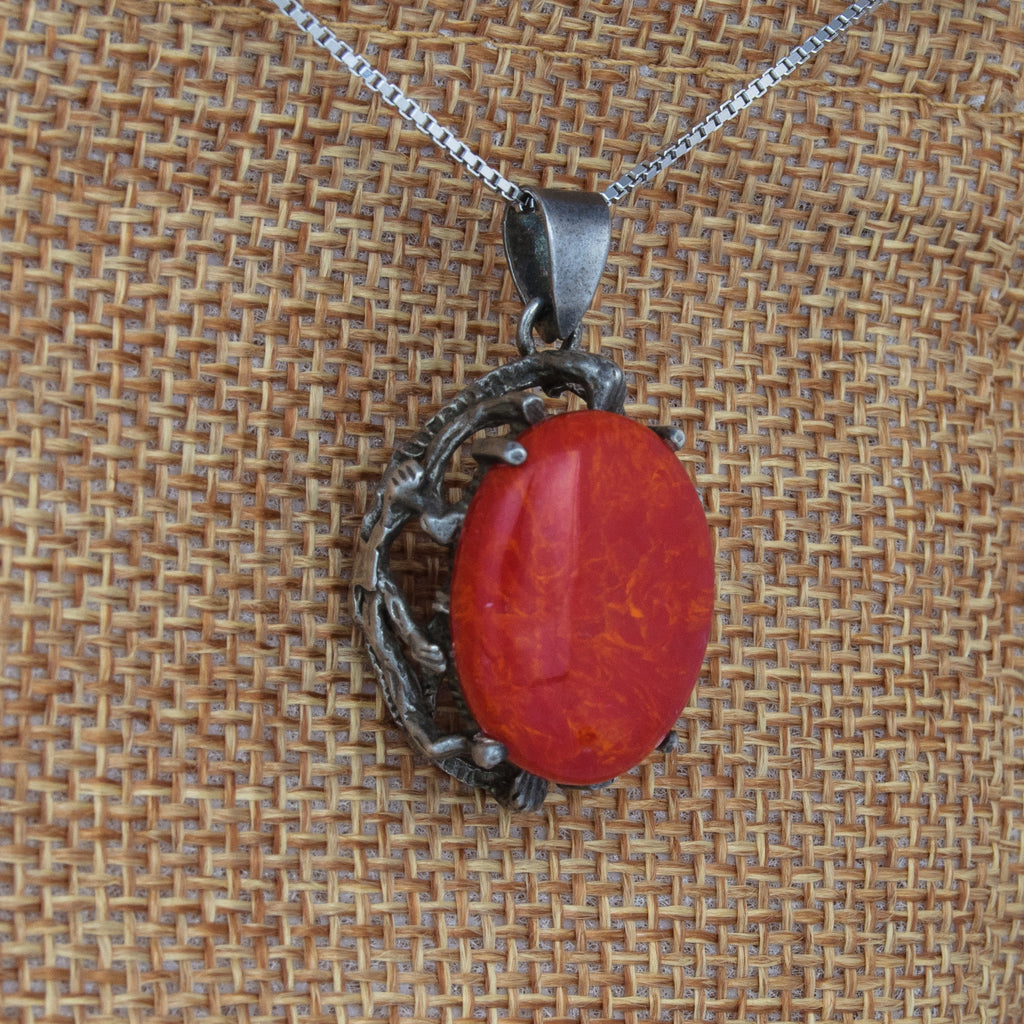 Pendant Inlaid Huge Red Coral Gemstones Sterling Silver Jewelry 1.35"/34 mm