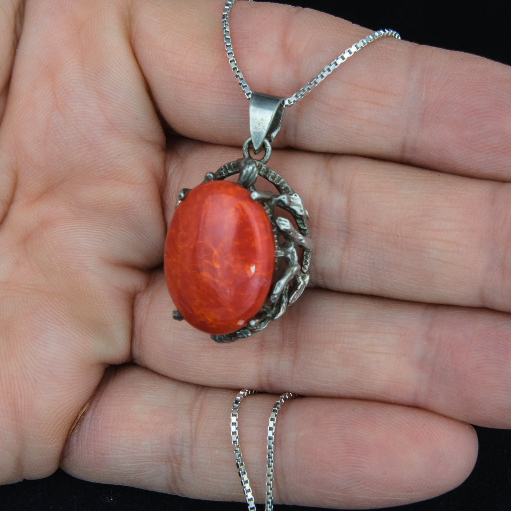 Pendant Inlaid Huge Red Coral Gemstones Sterling Silver Jewelry 1.35"/34 mm