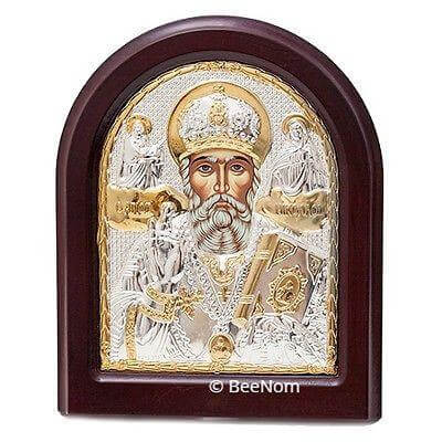 Icon St.Nicolas Sterling Silver 925 from the Holy Land Jerusalem 6.3 x 7.6 " - Holy Land Store