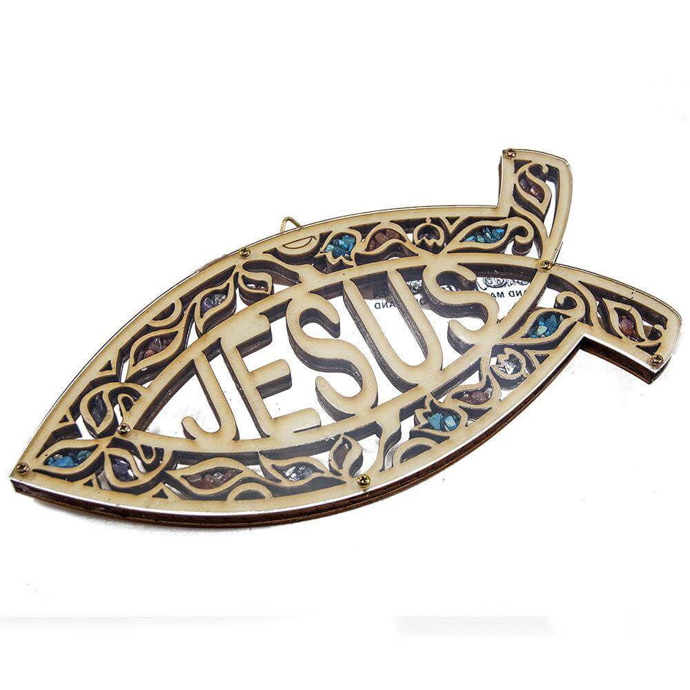 Christianity Wall Décor Fish Jesus Ichthys Olive Wood with Semi-Precious Stones