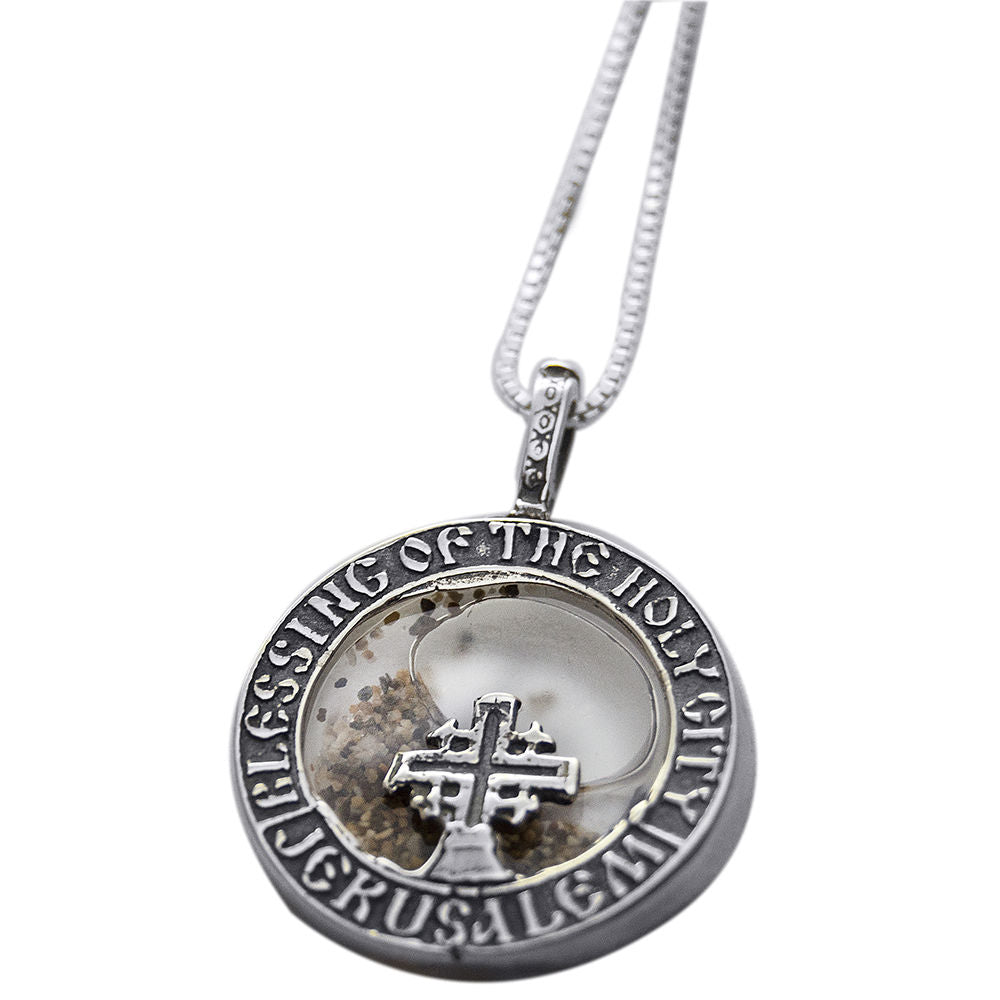 Silver medallion with Jerusalem Cross w/ Holy Soil from Jerusalem & Holy Water - Holy Land Store